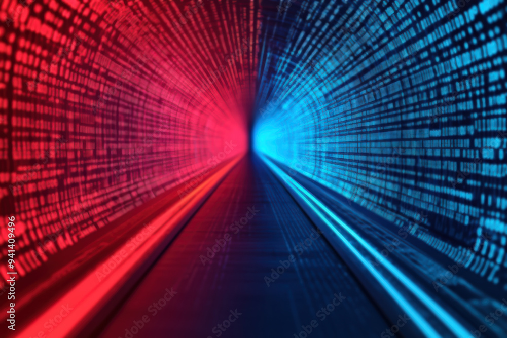 Poster abstract image of a tunnel illuminated with blue and red lights, representing high-speed data transf