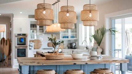 Fototapeta premium Modern kitchen with woven pendant lights and natural decor.