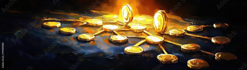 Aufkleber a captivating display of shining coins connected by intricate lines, symbolizing wealth and prosperi
