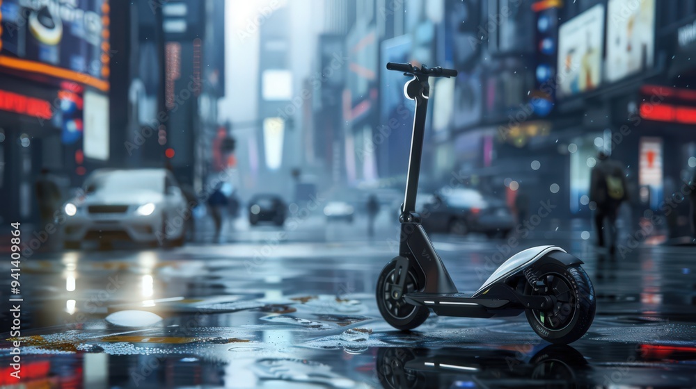 Poster depict a scooter with a foldable design and smart features being easily used in a tech-savvy city en