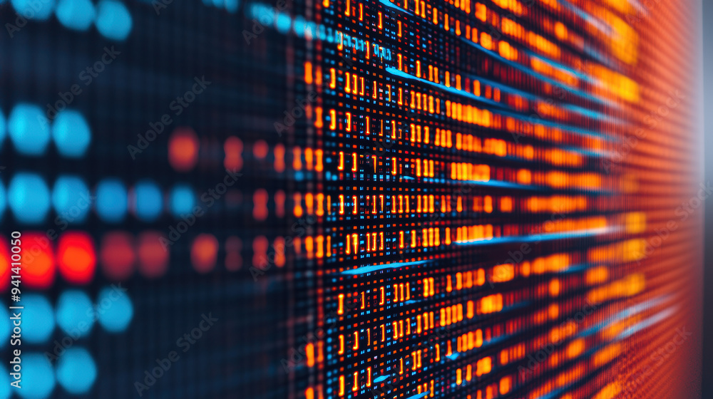 Poster abstract background featuring rows of advancing digital data conveyed with vibrant red and blue dots