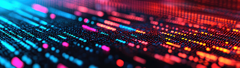 Fototapeta premium Abstract close-up of glowing digital data strings in blue and red hues, representing technology, network, and information transmission.
