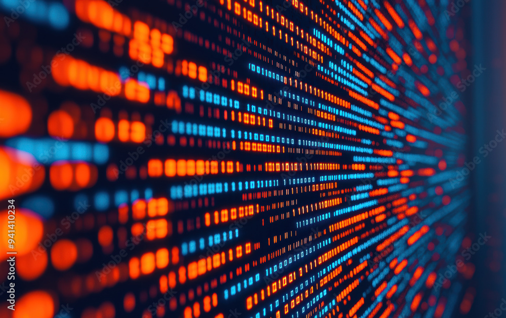 Poster abstract close-up image showing a pattern of red and blue dots on a screen, representing digital dat