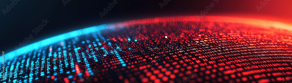 Poster dynamic digital landscape with blue and red glowing dots on a dark background representing advanced 
