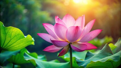 Obraz premium Beautiful pink lotus flower in full bloom, blossom, petals, water lily, aquatic plant, pond, serene, symbol, purity