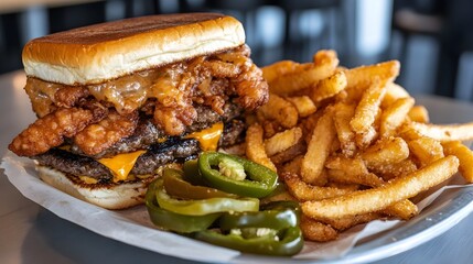 Delicious Cheeseburger with Crispy Fries - A Tempting Fast Food Delight