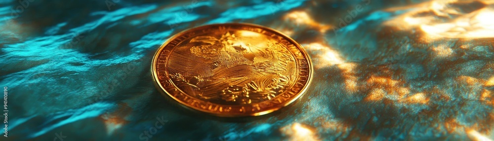 Poster a close-up of a shiny gold coin resting on a vibrant blue surface, reflecting light and creating a s