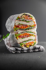 sandwich layers vegetables and ham meat spam fresh meal food snack on the table copy space food...