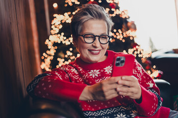 Portrait of pretty positive lady sitting sofa use smart phone greeting christmas tree lights decoration flat indoors