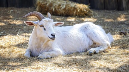 Obraz premium Goat Lying Down: Relaxed and Serene Image of a Goat Resting in a Calm Setting