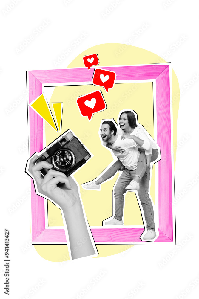 Sticker Creative drawing collage picture of funny couple carry piggyback hand hold camera happy memory photo frame anniversary valentine day