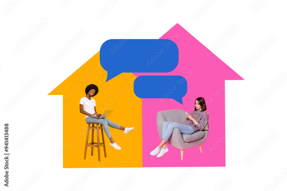 Aufkleber collage pop sketch image of smiling ladies chatting device empty space isolated white color backgrou