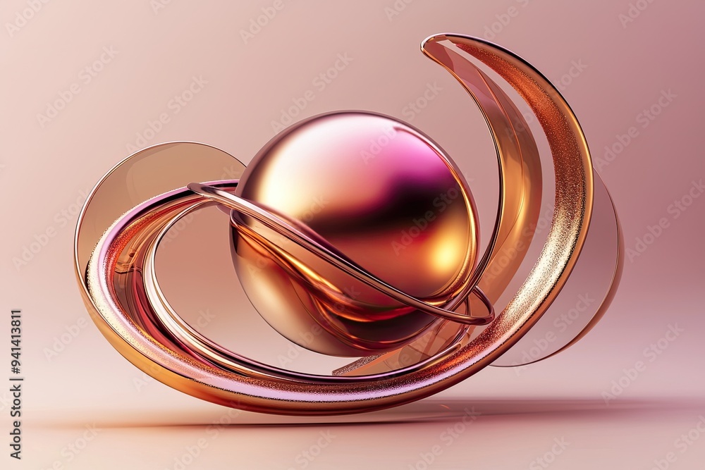 Poster a captivating abstract sculpture featuring a shiny sphere surrounded by elegant curves in warm tones