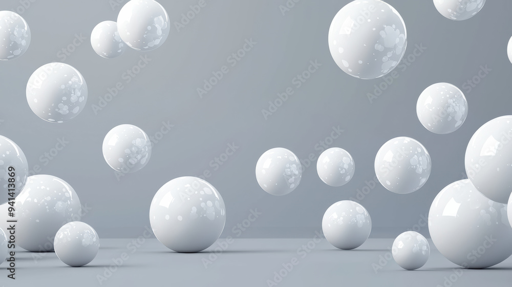 Poster minimalistic background with floating glossy white spheres on a gray backdrop, perfect for modern de