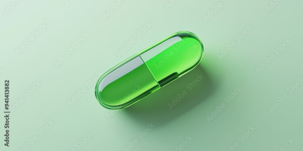 Poster a 3d simple style icon of a transparent green capsule with liquid inside and a soft shadow below sym