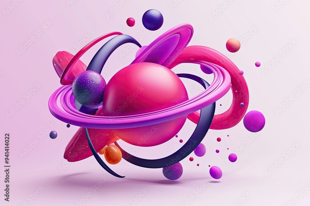 Poster vibrant abstract composition featuring spheres and rings, showcasing dynamic forms and colors in a p