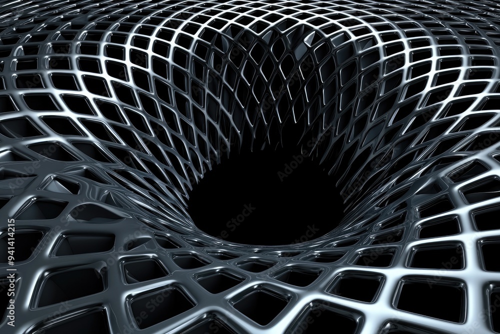 Poster intricate metallic mesh creates a captivating spiral effect, drawing the viewer into an intriguing b
