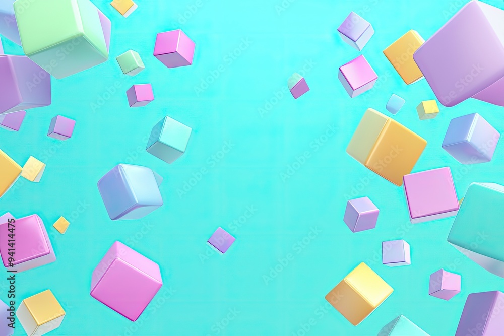 Poster colorful 3d cubes floating against a vibrant turquoise background, creating a playful and dynamic ab