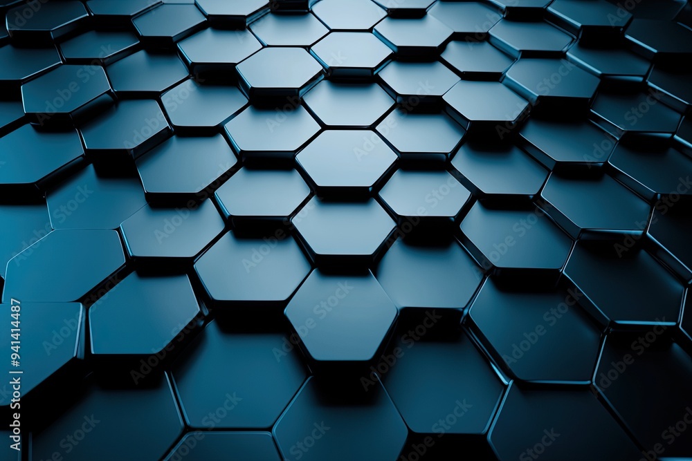 Poster close-up view of a textured hexagonal pattern in dark blue tones, showcasing geometric design and mo