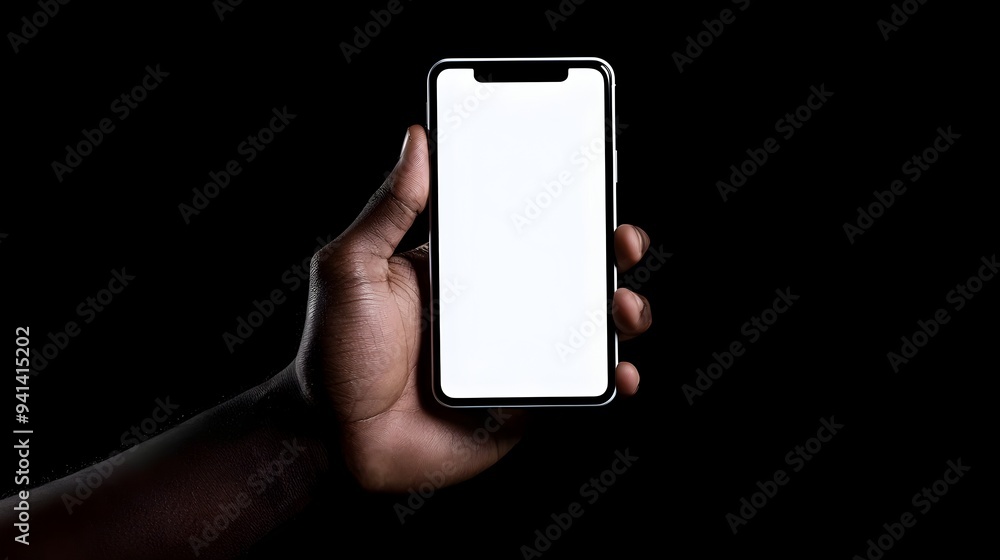 Aufkleber holding blank smartphone with empty display against dark background