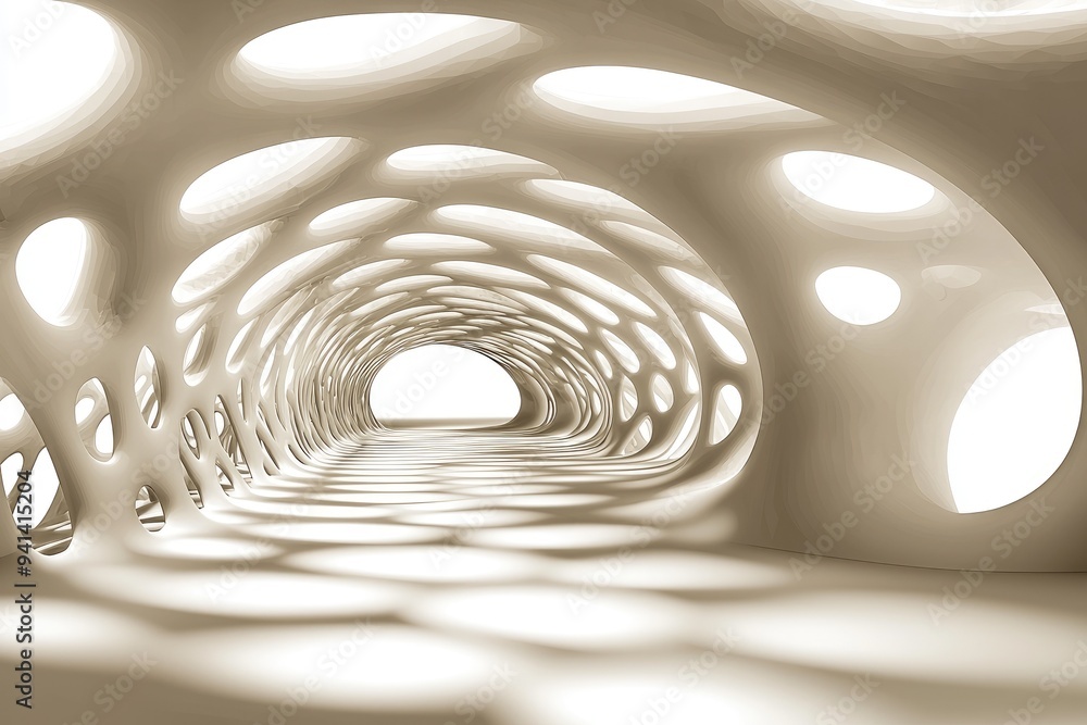Poster a modern, abstract tunnel design featuring soft curves and illuminated openings, creating a soothing