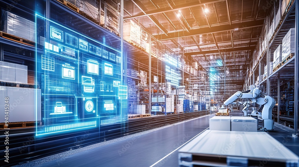 Poster Advanced robotic automation in a modern warehouse with digital monitoring in progress