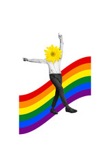 Vertical collage picture illustration black white filter man headless caricature enjoy flower bloom...