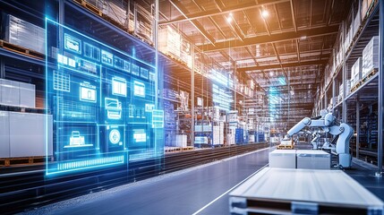 Fototapeta premium Advanced robotic automation in a modern warehouse with digital monitoring in progress