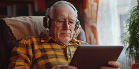 Elderly Man Relaxing with Tablet and Headphones