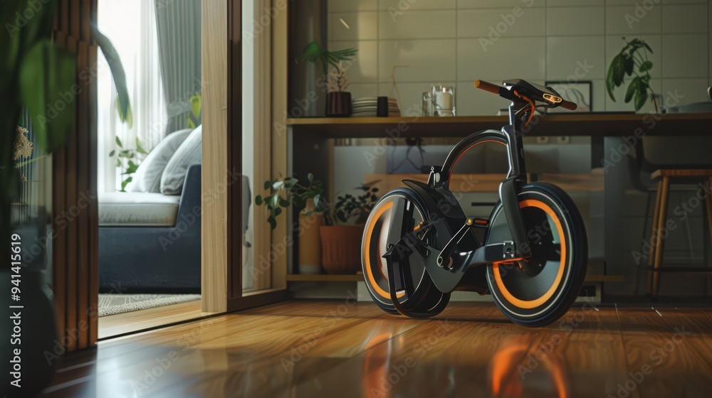 Aufkleber depict an e-bike with a compact foldable design being easily stored in a small apartment