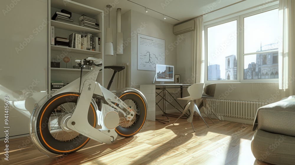 Poster depict an e-bike with a compact foldable design being easily stored in a small apartment