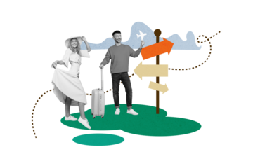 Poster template collage of two people wife husband have summer honeymoon look at signboard for flying to beach resort