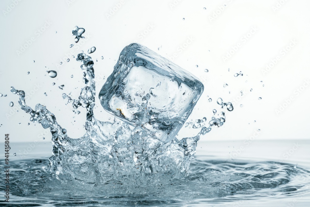 Poster ice cube splashing into water creating a spray