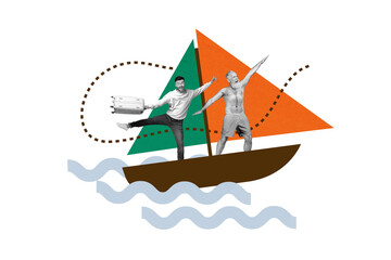 Picture drawing template collage of two people travel island resort hotel using fast speed ship...