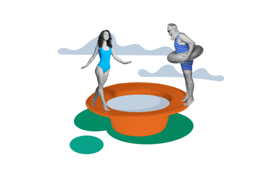 Poster magazine collage of two people young lady grandfather enjoy  summer chill swimming on cap shape pool