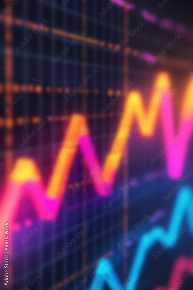 Poster dynamic neon lines pulse against a dark grid background, illustrating fluctuating data and waveforms