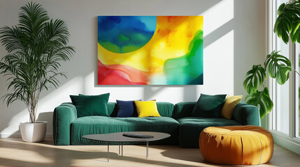 Paintings of interior design modern green furniture and apartment living room background white wall. Painting with watercolor pattern table prepared for room decoration. Sample room for real estate