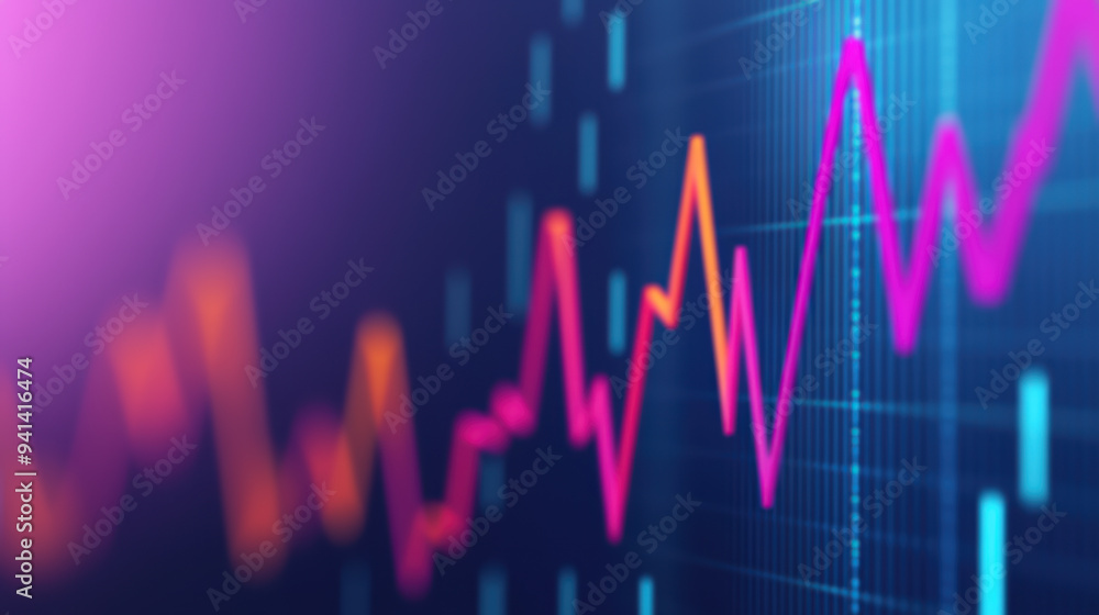 Poster vibrant digital financial stock market chart displaying fluctuating data trends with colorful lines 
