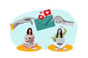 Artwork collage picture of two mini girls use smart phone netbook point fingers big arms hold letter envelope like notification