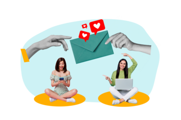 Artwork collage picture of two mini girls use smart phone netbook point fingers big arms hold letter envelope like notification