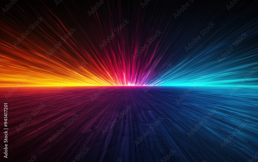 Poster vibrant abstract background with gradient rays of colorful light converging on the horizon. perfect 
