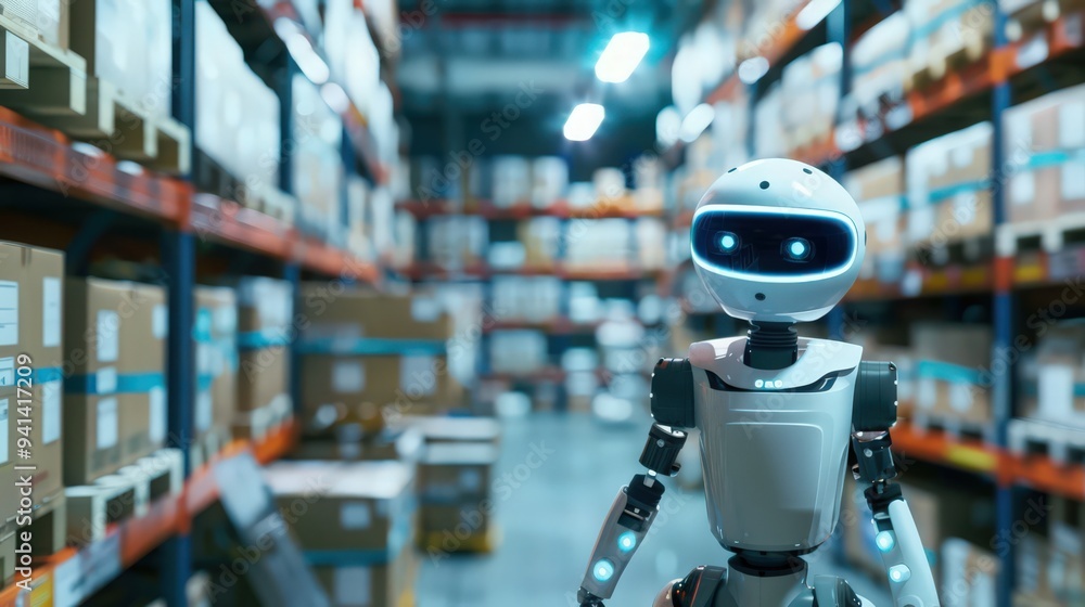 Poster future of autonomous logistics, where ai-powered robots and drones streamline warehouse operations a