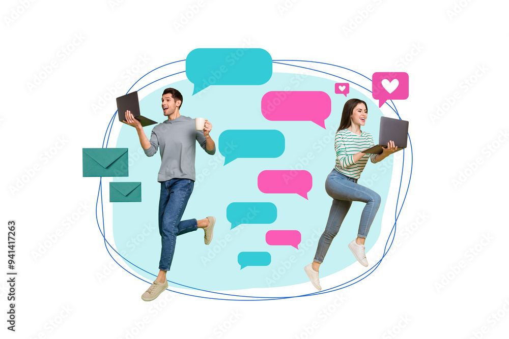 Aufkleber creative collage picture of two excited people use netbook drink coffee chatting dialogue bubble lik