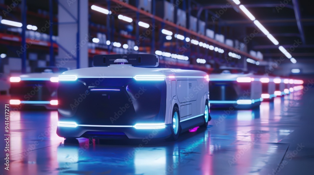 Poster future of autonomous logistics, where ai-powered robots and drones streamline warehouse operations a