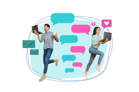 Creative collage picture of two excited people use netbook drink coffee chatting dialogue bubble like notification mail letter envelope