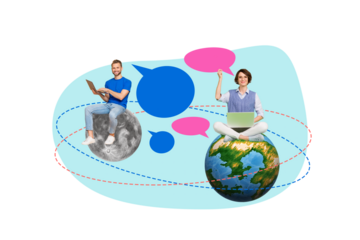 Creative composite photo collage of friendly people chatting online on laptop from different planets isolated on painted background