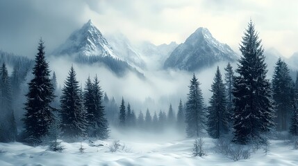 Majestic Snowcapped Mountains Shrouded in Misty Fog amid Evergreen Forest in Winter