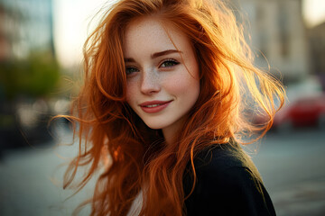 Naklejka premium Portraits of a charming red-haired girl with a cute face. Girl posing for the camera in the city center. She has a wonderful mood and a lovely smile