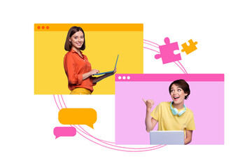 Creative composite photo collage picture of happy girls chatting on laptop in convenient worldwide app isolated on colorful background