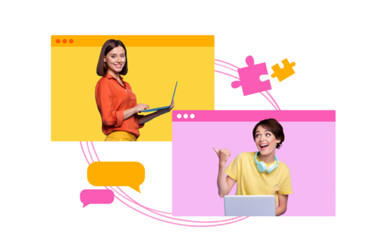 Creative composite photo collage picture of happy girls chatting on laptop in convenient worldwide app isolated on colorful background